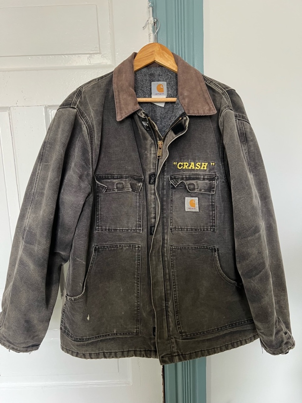 Carhartt Men's Distressed Dark Brown Canvas Jacket with Brown Collar